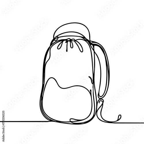 Minimalistic black one-line drawing of a backpack with sleeping bag on a plain white background, representing outdoor adventure and simplicity, camping supplies, travel gear.