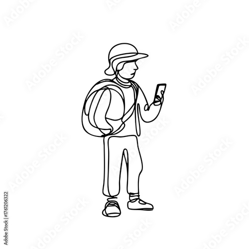Traveler using language translation app, focused expression, minimalist one-line art drawing, plain white background, concept of travel and technology.
