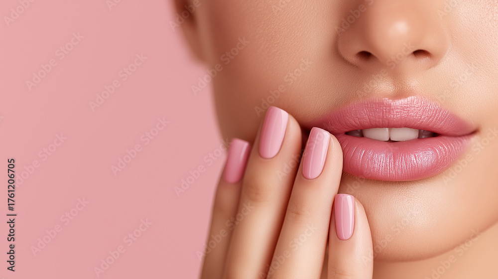 Obraz premium Close-up of a woman with soft pink lips and perfectly manicured nails, gently touching her face against a pastel pink background, showcasing beauty and elegance in a serene moment