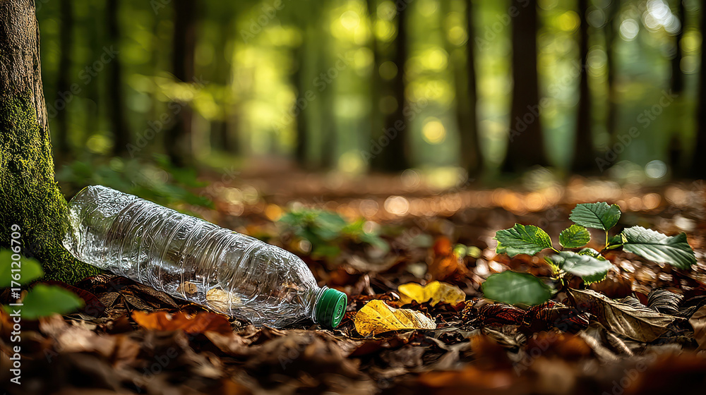 Obraz premium Plastic bottle littering the forest floor among fallen leaves and green foliage in a lush woodland on a bright autumn day