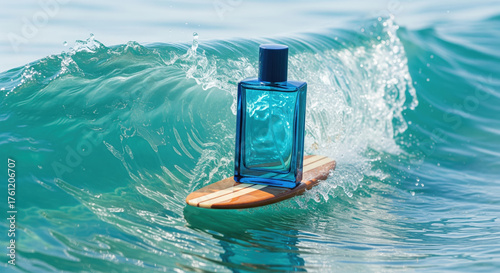 Fototapeta Naklejka Na Ścianę i Meble -  Blue perfume bottle riding an ocean wave on a surfboard. Concept of fresh scent, summer, adventure, and aquatic fragrance.