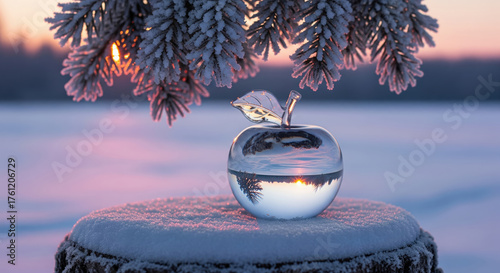 Glass apple reflecting a beautiful winter sunset in a snowy landscape. Concept of clarity, magic, and cold beauty.