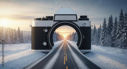 Surreal image of a road leading through a camera lens into a winter sunset. Concept of travel, photography, and perspective.