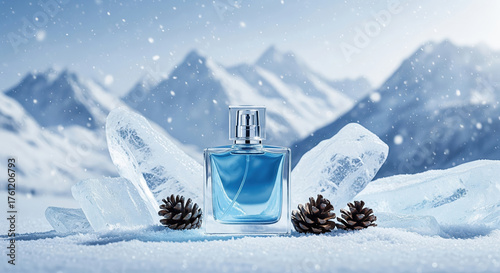 Blue perfume bottle on snow with ice in a winter mountain landscape. Concept for a fresh, cold, and crisp fragrance.