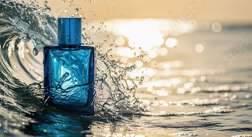 Blue perfume bottle in an ocean wave splash at sunset. Concept for a fresh, aquatic fragrance inspired by the sea.