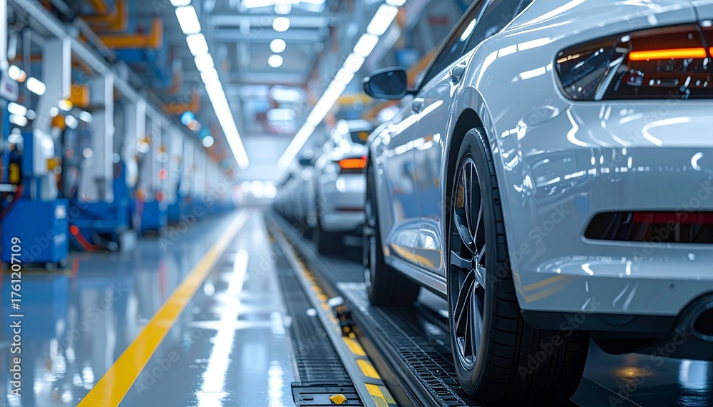 Fototapeta premium Modern assembly line showcasing shiny new vehicles ready for delivery. A captivating image of a manufacturing plant and the automotive industry.