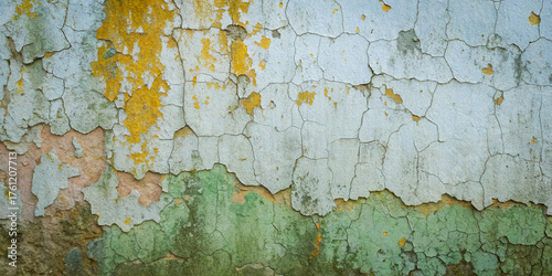 The surface of an old concrete painted wall in a grunge style with peeling paint.
