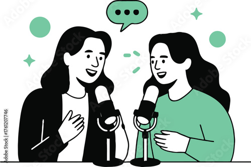 Two women recording a podcast with microphones and a speech bubble in a simple vector style