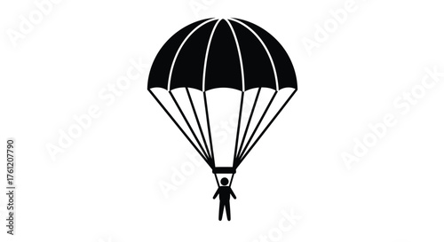 A simple black and white illustration of a person parachuting from above