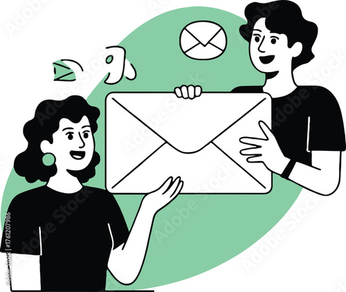 Two people holding a large envelope in front of a green circle with email related icons around them