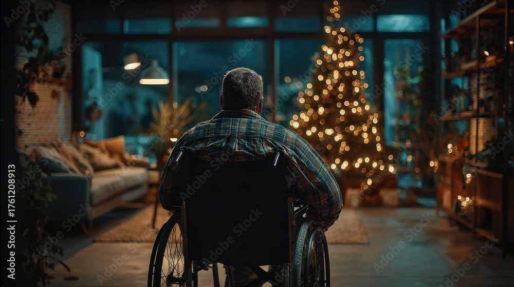 Obraz premium Elderly Man in Wheelchair Looking at Christmas Tree