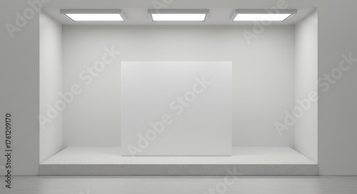 Empty White Showcase Display with Recessed Lighting.