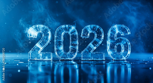 2026 numbers depicted in ice with water droplets glowing on blue background. Stunning 2026 ice sculpture features intricate details and sparkling reflections,