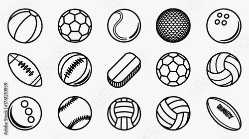 Assorted line art sport balls collection vector illustration design
