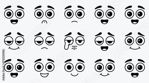 Collection of Cartoon Faces Expressing Different Emotions Isolated on White Background