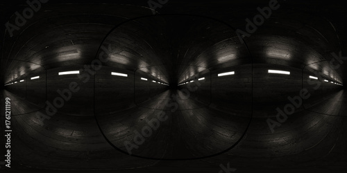 Dark corridor with wooden walls and dim lighting 360 vr panorama