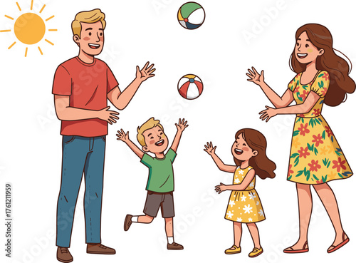 Happy family playing outdoors, summer sunshine, joyful children, beach ball fun, active parenting, bonding time, cheerful mood, outdoor lifestyle, carefree joy