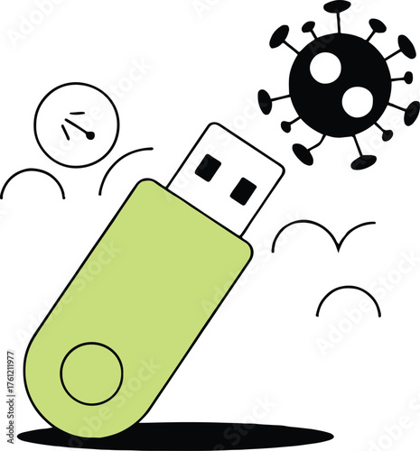 A green usb drive with a virus symbol and a loading icon on a white background digital illustration