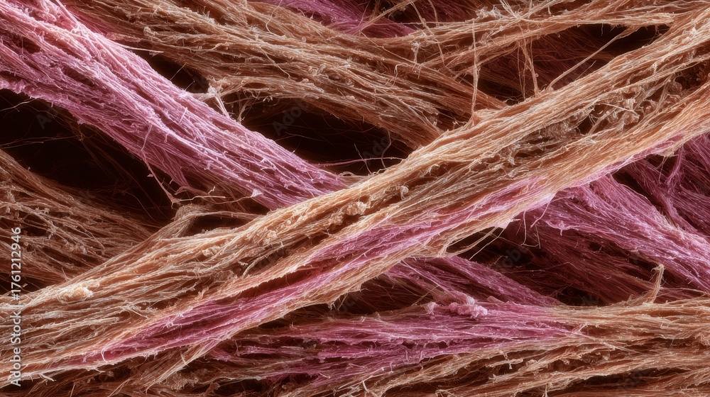 Fototapeta premium Cultured meat fibers showing natural protein texture and marbling. Close up meat fibers