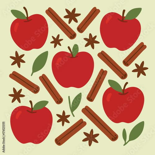 Apple Cinnamon Red Brown Baked Fruit Cinnamon Sticks Comfort Warm Spice Cozy Fragrant Vector Print Design