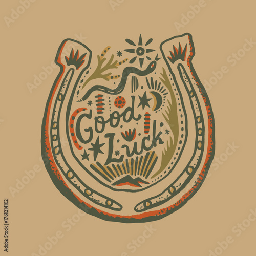 Tribal hippie bohemian ornate groovy postmodern funky horseshoe lucky lettering print, boho psychedelic western grunge style label. Perfect for posters, collages, clothing, music albums and more