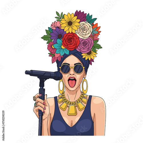 Vibrant Singer with Floral Turban Sunglasses and Gold Jewelry Performing with Microphone