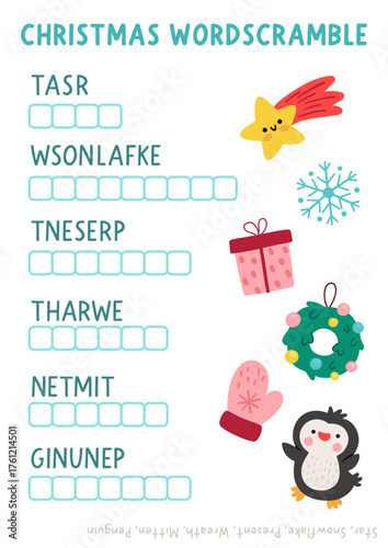 Vector Christmas word scramble activity page. English language game with falling star, snowflake, present, penguin for kids. New Year family quiz. Winter holiday printable worksheet