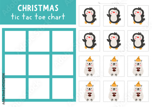 Vector Christmas tic tac toe chart with Santa Claus and deer. New Year board game playing field with cute characters. Funny printable worksheet. Winter holiday noughts and crosses grid