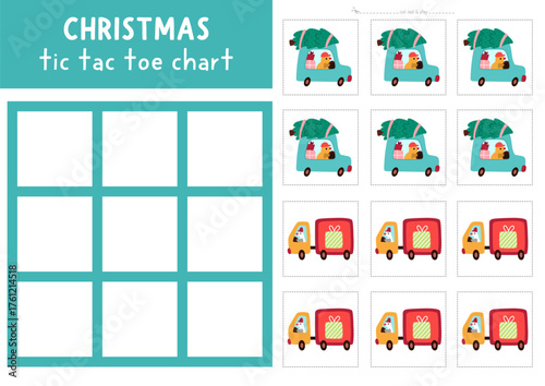 Vector Christmas tic tac toe chart with birds driving car and truck. New Year board game playing field with cute characters. Funny printable worksheet. Winter holiday noughts and crosses grid
