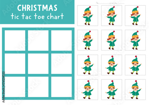 Vector Christmas tic tac toe chart with boy and girl elves. New Year board game playing field with cute characters. Funny printable worksheet. Winter holiday noughts and crosses grid