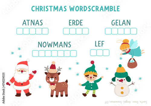 Vector Christmas word scramble activity page. English language game with angel, Santa Claus, deer, elf, snowman for kids. New Year family quiz. Winter holiday printable worksheet