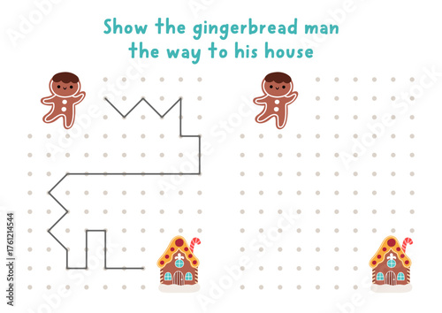 Christmas or New Year drawing, writing, tracing, space orientation activity for kids with gingerbread man, house. Draw lines in box according example. Winter holiday printable game, puzzle