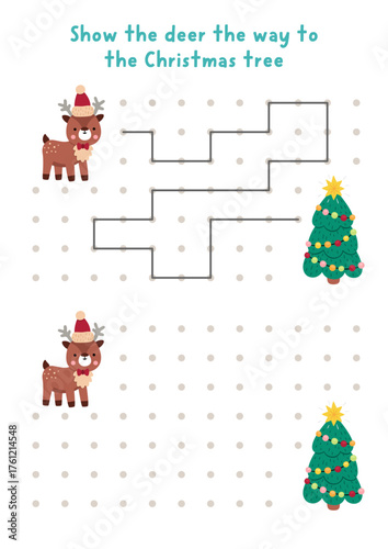 Christmas or New Year drawing, writing, tracing, space orientation activity for kids with deer, decorated fir tree. Draw lines in box according example. Winter holiday printable game, puzzle