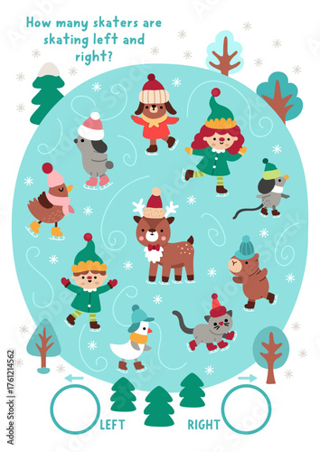 Christmas logic game with right and left concept for kids. I spy searching, counting activity with elves and animals skating on ice rink. New Year printable space orientation worksheet for children