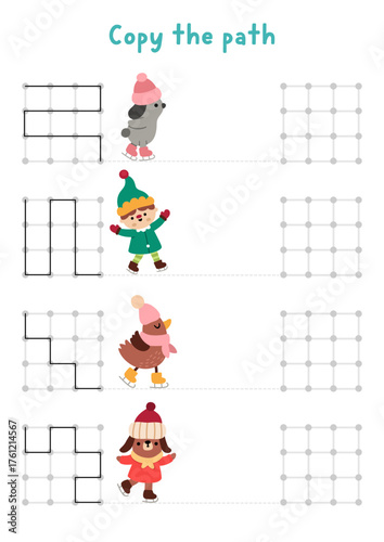 Christmas drawing, writing, tracing, space orientation activity for kids with skating animals. Draw the lines in square box according the example. Winter holiday or New Year printable game, puzzle