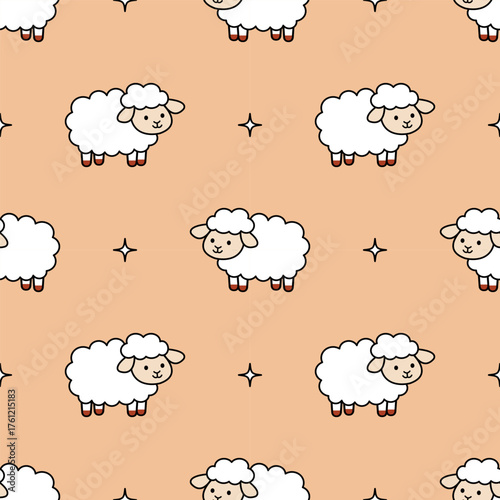 Cute rural seamless pattern with sheep and stars on beige background. Baby print. Pattern for baby textile and fabric, wrapping paper, notebooks, notepads, phone case