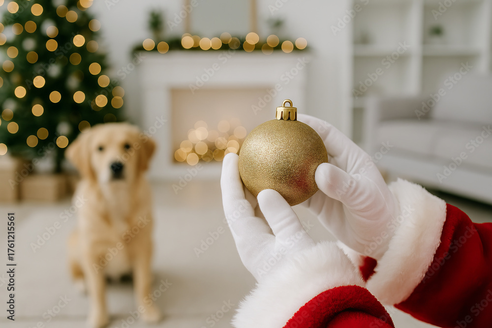 Obraz premium Santa claus holding a golden christmas ornament with labrador dog by a christmas tree indoors. concept of holiday cheer, festive decor, christmas celebration