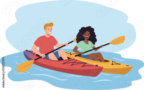 Kayaking adventure illustration, outdoor activity, red kayak, yellow kayak, paddling motion, water waves, teamwork, summer sport, nature fun, active lifestyle