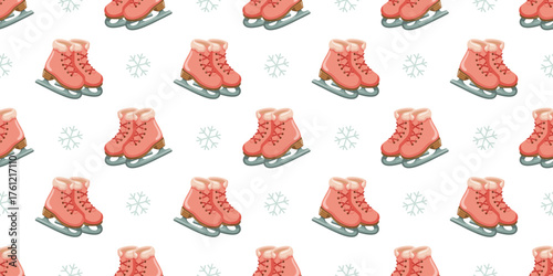 Seamless cartoon ice skates pattern with snowflakes. Vector winter activity hand drawn background. 