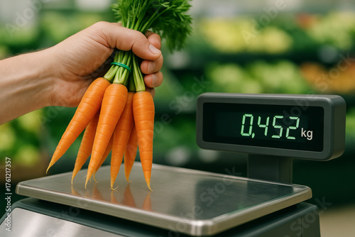 Fresh carrots being weighed on digital scale in grocery store for precise measurement and shopping concept of healthy eating, fresh produce, grocery shopping