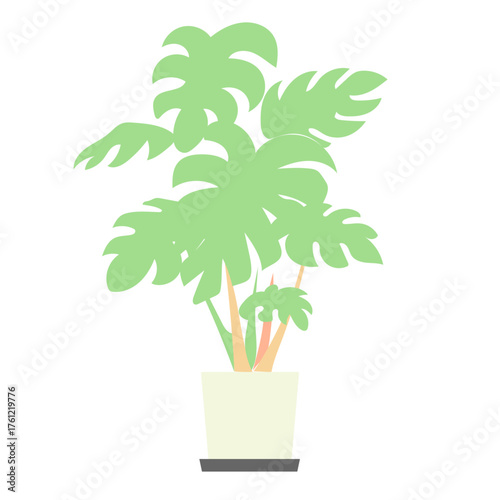 シンプルな線と柔らかな色で描かれたモンステラの鉢植えイラスト｜ナチュラルな雰囲気のインテリア装飾やボタニカルデザイン素材に適したベクター作品