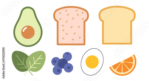 Healthy breakfast with avocado, bread, spinach, blueberries, egg, and orange slice offers a vibrant and nutritious start to your day