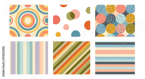 Retro aesthetic patterns for 70s inspired designs, seamless backgrounds for vintage vibes, colorful circles, stripes and polka dots for graphic projects