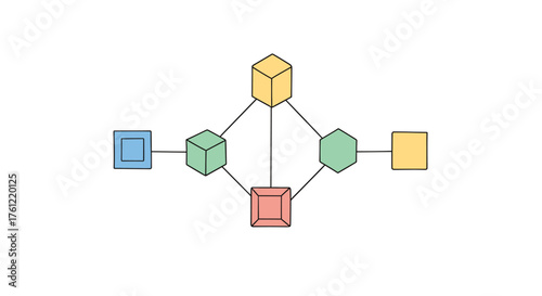 Colorful geometric shapes connected by lines create a modern, minimalist diagram perfect for technology, networking or data visualization projects