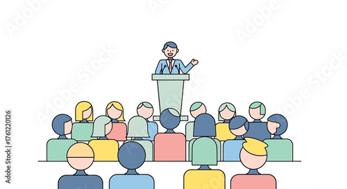 Dynamic speaker engaging audience at conference, a modern professional presentation with diverse attendees, perfect for corporate communications and events promotion