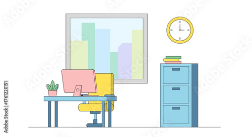 Modern, light-filled minimalist office space with pastel colors promoting productivity and a calm atmosphere perfect for boosting focus and creativity