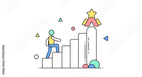 Reach for success, step by step climb to achieve goals and dreams, illustrated with a minimalist style, leadership and ambition, vector art