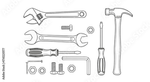 Essential hand tools for home repair and construction projects, showcasing a versatile set perfect for DIY enthusiasts and professional tradesmen, clean line art