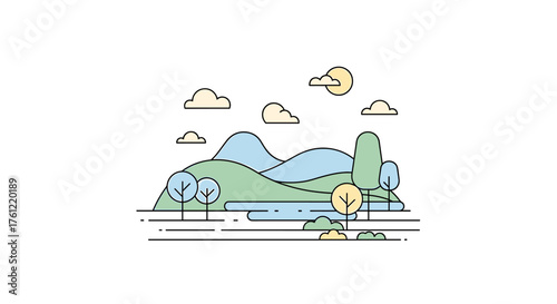 Beautiful minimalist landscape illustration with mountains, lake, trees, and sun for creative projects and nature-themed designs in modern style