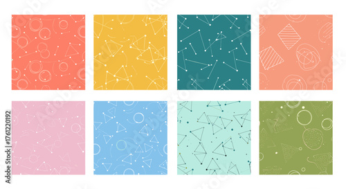 Vibrant collection of modern abstract seamless patterns perfect for branding, web backgrounds, and textile design featuring geometric shapes and pastel colors
